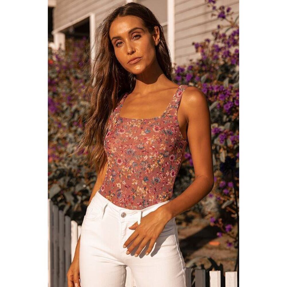 Lulus Love In The Garden Mauve Floral Print Mesh Bodysuit Pink - Size S